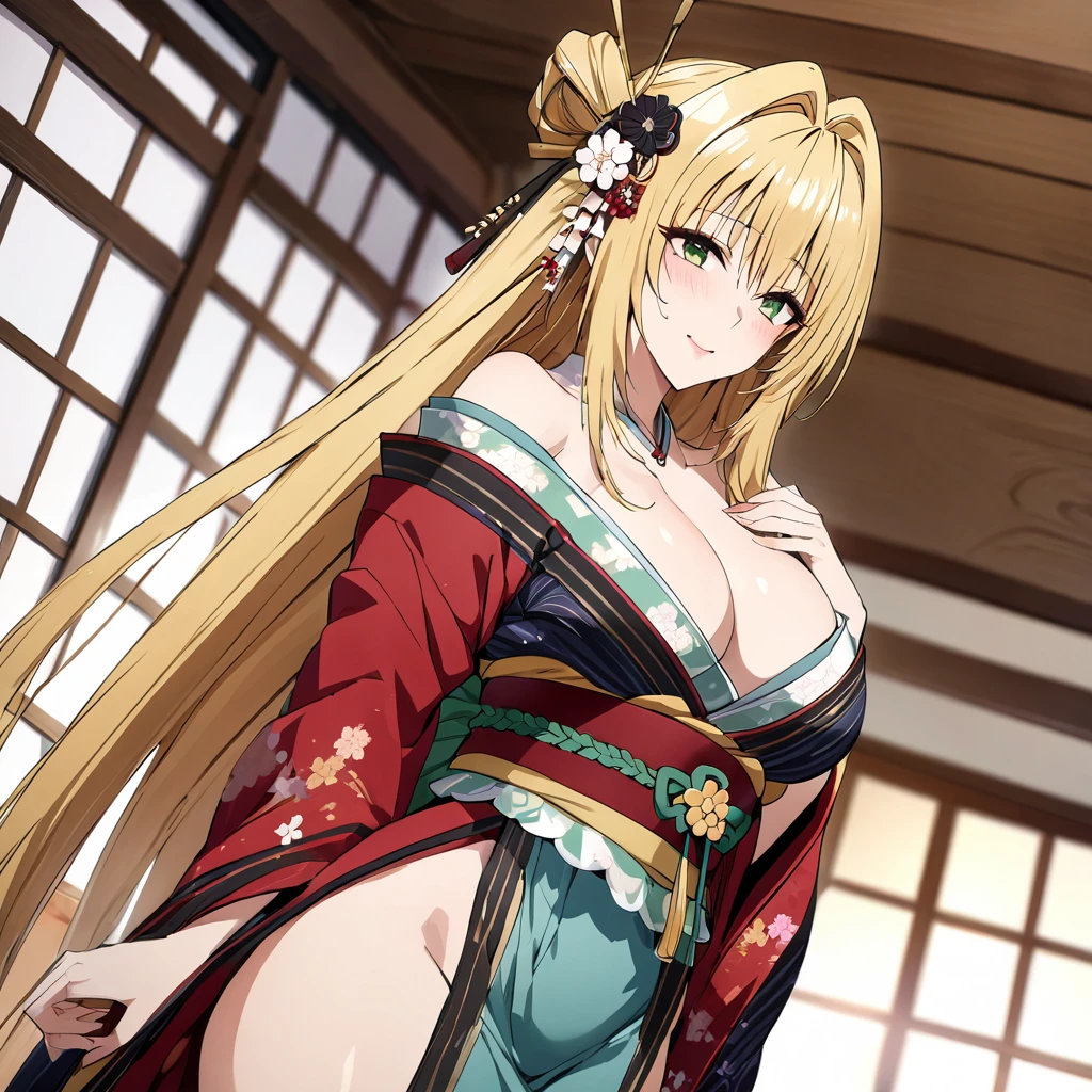 ((Highest quality)), ((masterpiece)), (detailed), (Perfect Face)、The woman in the Japanese garden is a Japanese tea lady, wearing a gorgeous and dazzling kimono of a courtesan, a gorgeous hair ornament, gorgeous jeweled accessories and an engagement ring.、The woman is an elegant Tierre with green eyes and blonde medium-long hair in a geisha hairstyle. The woman is a Japanese Tierre wearing a kimono geisha costume.