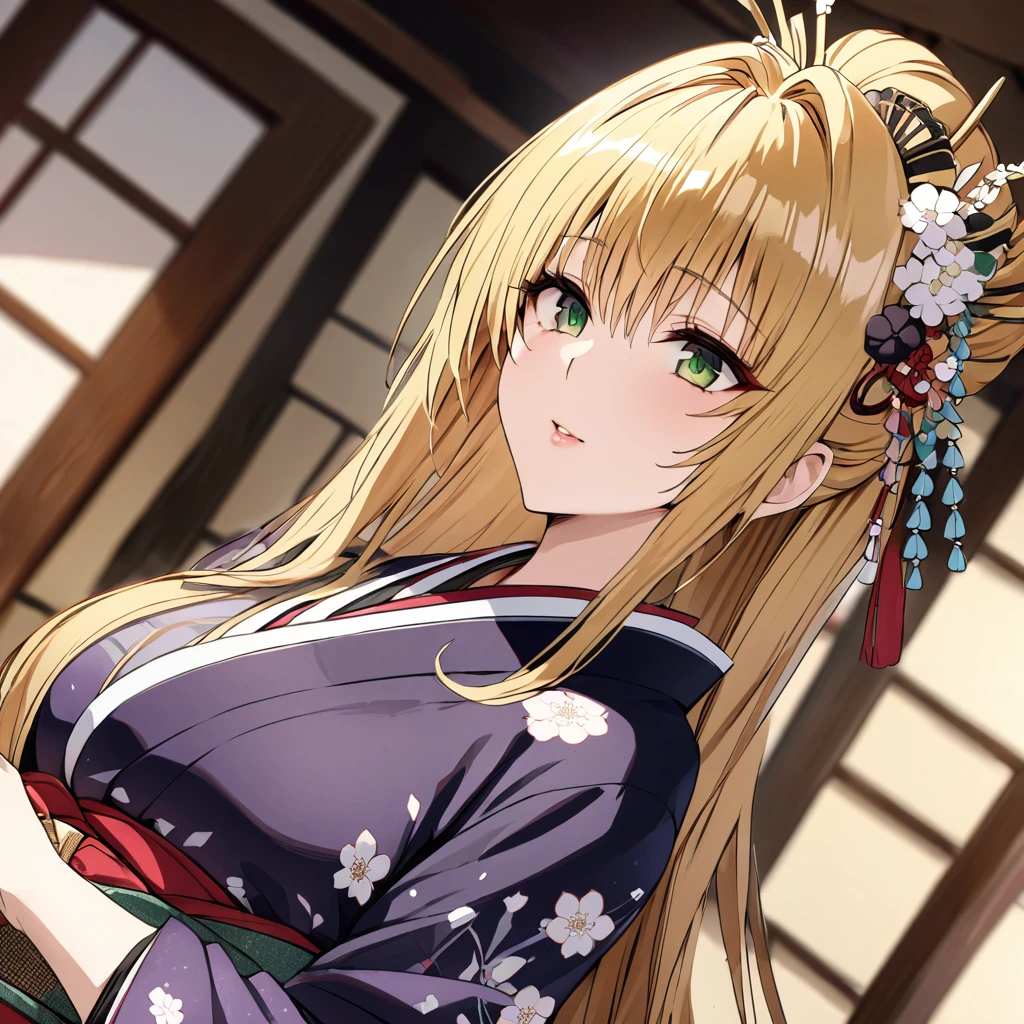 ((Highest quality)), ((masterpiece)), (detailed), (Perfect Face)、The woman in the Japanese garden is a Japanese tea lady, wearing a gorgeous and dazzling kimono of a courtesan, a gorgeous hair ornament, gorgeous jeweled accessories and an engagement ring.、The woman is an elegant Tierre with green eyes and blonde medium-long hair in a geisha hairstyle. The woman is a Japanese Tierre wearing a kimono geisha costume.