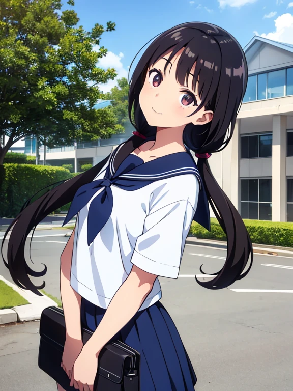 1girl, standing, gentle smile, yo, head tilt,
school building on the back,
(low twintails), low pigtails, black hair, very long hair,
serafuku with blue ribbon, navy-blue collar,
(dark brown eye), 1 student bag on right shoulder,
4-story white school building, outdoor, tree on side,
afternoon, summer,
from front,
anime, high brightness, detailed face, detailed eyes,
high quality, ultra detailed, masterpiece, FHD