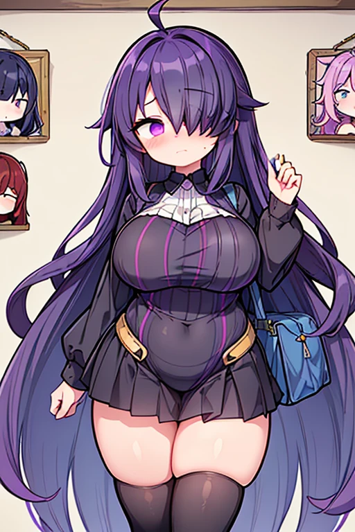 Cute naughty Artificer mother, Pastel colors hair, (overwhelmingly huge breasts:1.2, Thighs:1.2, thick legs:1.2, curvy:1.2, towering stature:1.6, massive fat thick unnatural belly, Plump), purple eyes, (ahoge, messy hair:1.2, tired hair:1.2, flipped hair, very long hair, bags under eyes:1.3), black hair, (purple hair:1.1), (blush:1.2, emberrased:1.2, quiet personality:1.2, scared:1.2, looking away, wavy mouth, shy), naked, at the adventurer's guild, A bulletin board with posted paper, hand over face