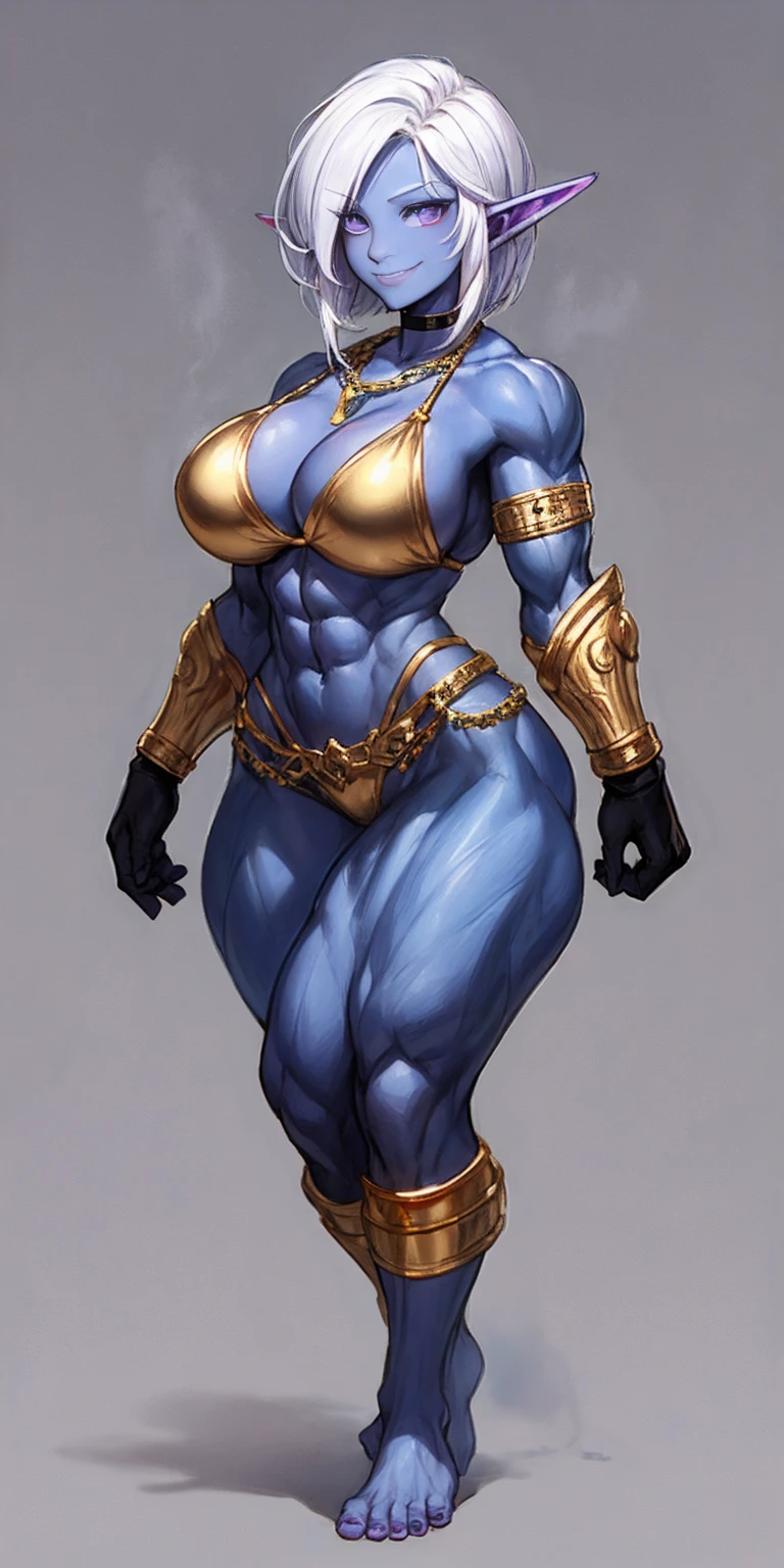 ((plain background:1.2, 1sologirl)) full body standing barefoot hands on waist navel, purple skin, drow, elf, Madura, Detailed happy face, purple eyes, white hair bob style, gold bikini, well defined six pack abs, Large knockers, black leather choker with gold cow bell, gold chain necklace, golden bracers on feet and arms, golden gloves