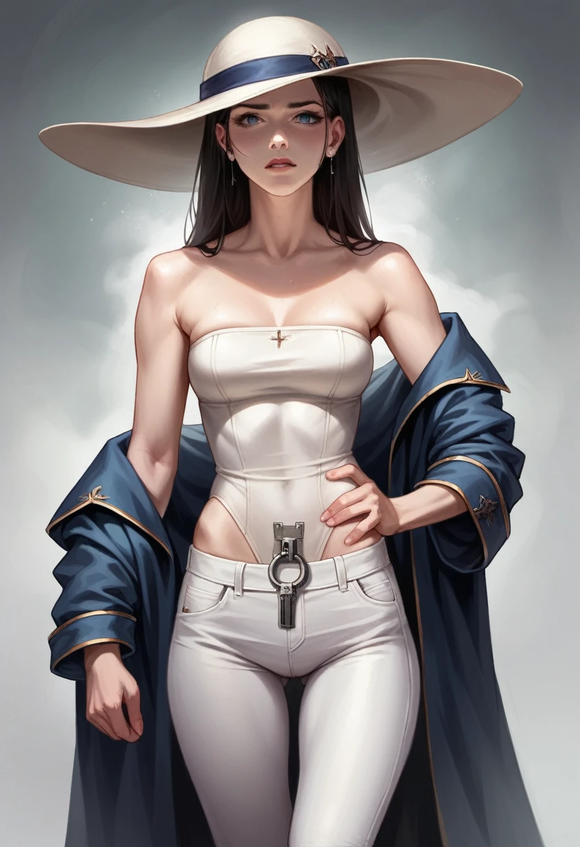 best quality, masterpiece, ultra high resolution, (realistic:1.4), raw photo, 1 woman, Off shoulder, in the dark, deep shadows, low key, cold light, detailed skin, white leotard, white pants, bare shoulders, overskirt, hip vent, hat, Fail