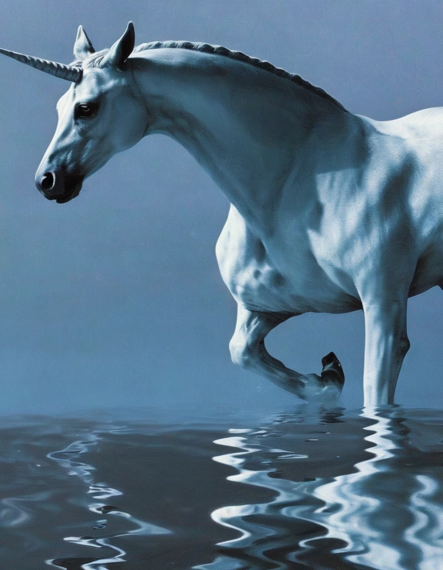 unicorn in water, light blue background