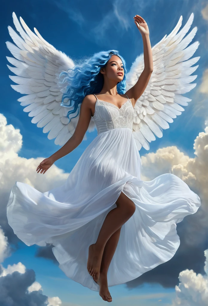 beautiful biracial woman, white dress, blue hair, light blue eyes, floating in sky, clouds, paradise, angel wings, cinematic lighting, volumetric lighting, dramatic shadows, highly detailed, photorealistic, 8k, hyper-realistic, oil painting, digital art, fantasy, surreal
