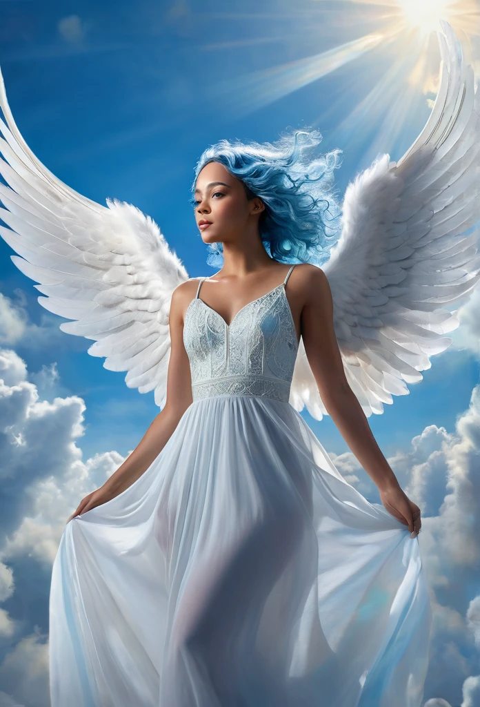 beautiful biracial woman, white dress, blue hair, light blue eyes, floating in sky, clouds, paradise, angel wings, cinematic lighting, volumetric lighting, dramatic shadows, highly detailed, photorealistic, 8k, hyper-realistic, oil painting, digital art, fantasy, surreal