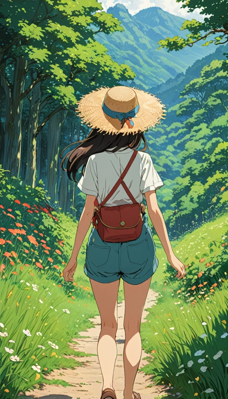 スタジオGhibli styleアニメ映画,Movie stills,Representative works,Official Art,Professional,Super intricate details, Highest quality,8Kのmasterpiece,Super detailed,超A high resolution,High resolution,Depth of written boundary, High background image quality,(masterpiece:1.5), Ghibli style,((((1 girl:1.9,solo)))),Running girl, The wind is blowing,Back view,Shorts,Wearing a straw hat,