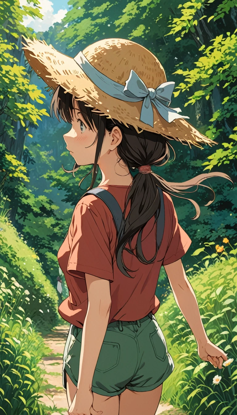 スタジオGhibli styleアニメ映画,Movie stills,Representative works,Official Art,Professional,Super intricate details, Highest quality,8Kのmasterpiece,Super detailed,超A high resolution,High resolution,Depth of written boundary, High background image quality,(masterpiece:1.5), Ghibli style,((((1 girl:1.9,solo)))),Running girl, The wind is blowing,Back view,Shorts,Wearing a straw hat,