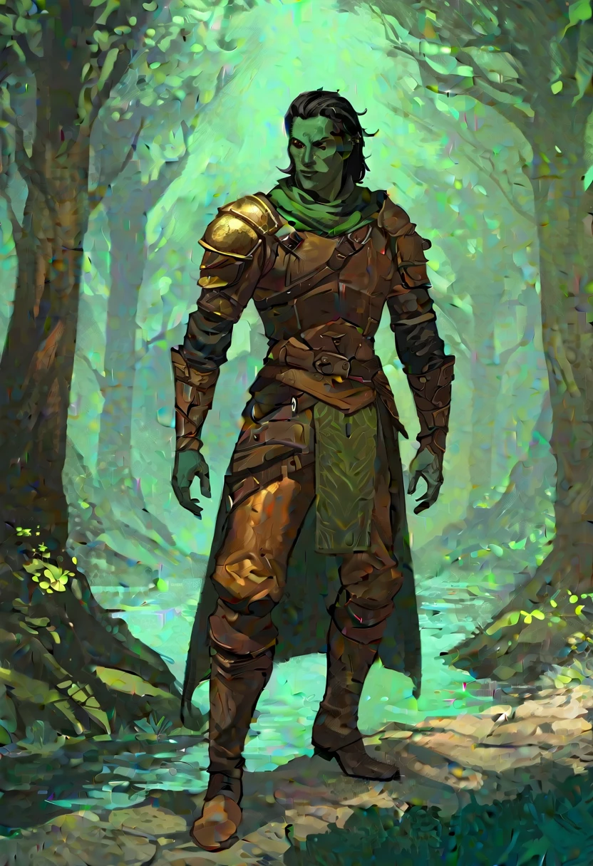 digitalpainting, pictorial \(styled\),male rogue from the Elder Scrolls series, trunk, 1920x1080, short dark hair, golden eye, Light green skin, brown leather armor, without shoulder pad, Dynamic shading, extremely detaild, light and dark colors , full body image, near river in a forest,