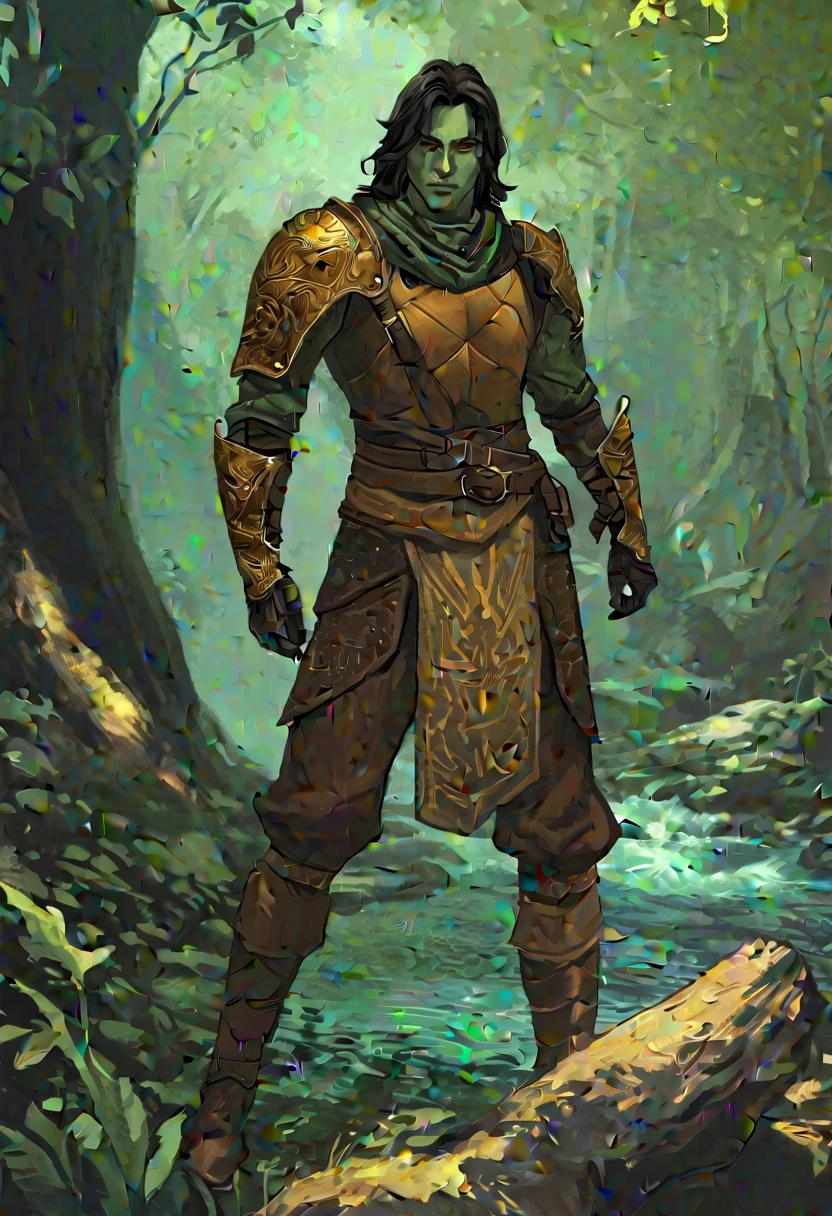 digitalpainting, pictorial \(styled\),male rogue from the Elder Scrolls series, trunk, 1920x1080, short dark hair, golden eye, Light green skin, brown leather armor, without shoulder pad, Dynamic shading, extremely detaild, light and dark colors , full body image, near river in a forest,