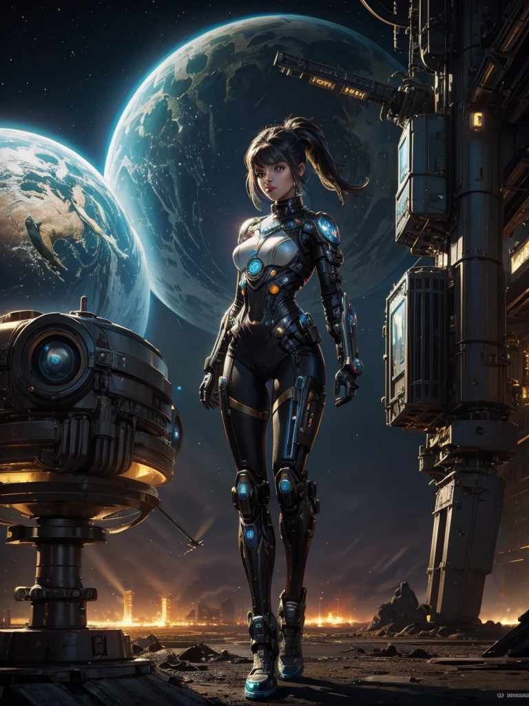 A futuristic steampunk girl on a planetary colony, in the background you can see aliens of various races and a futuristic city with advertising holograms, you can also glimpse some cyborgs
