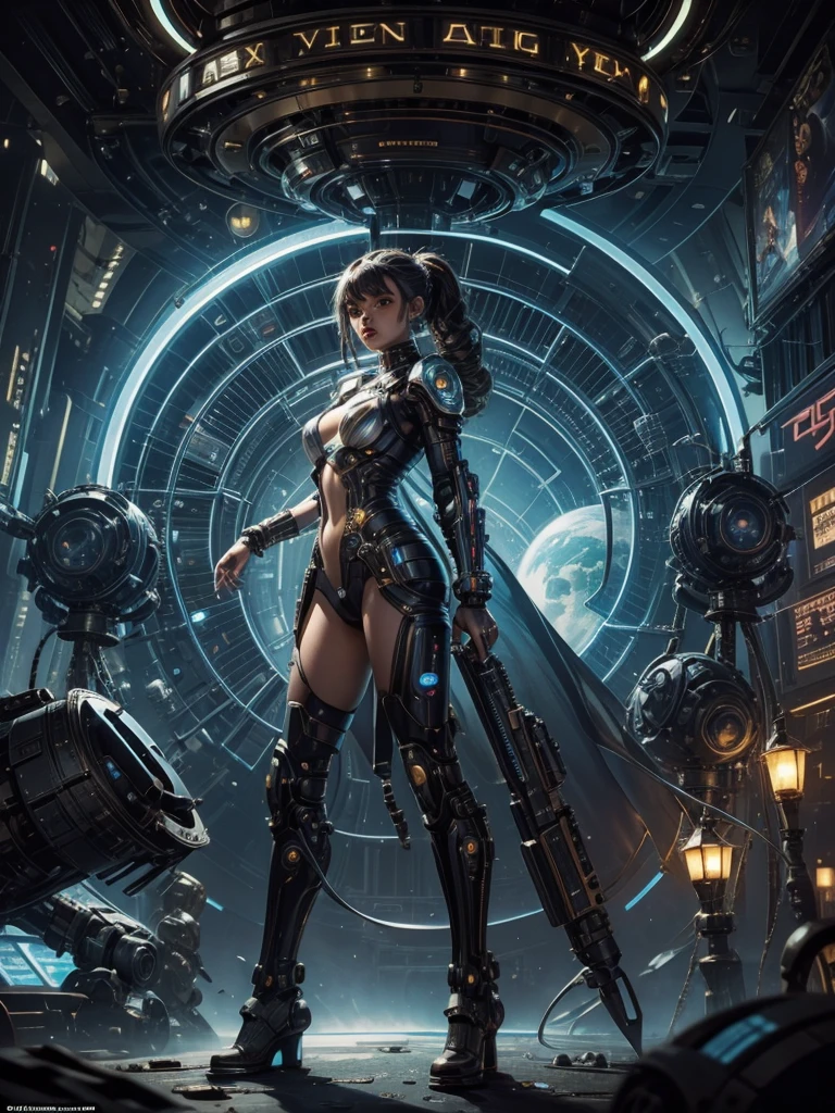 A futuristic steampunk girl on a planetary colony, in the background you can see aliens of various races and a futuristic city with advertising holograms, you can also glimpse some cyborgs