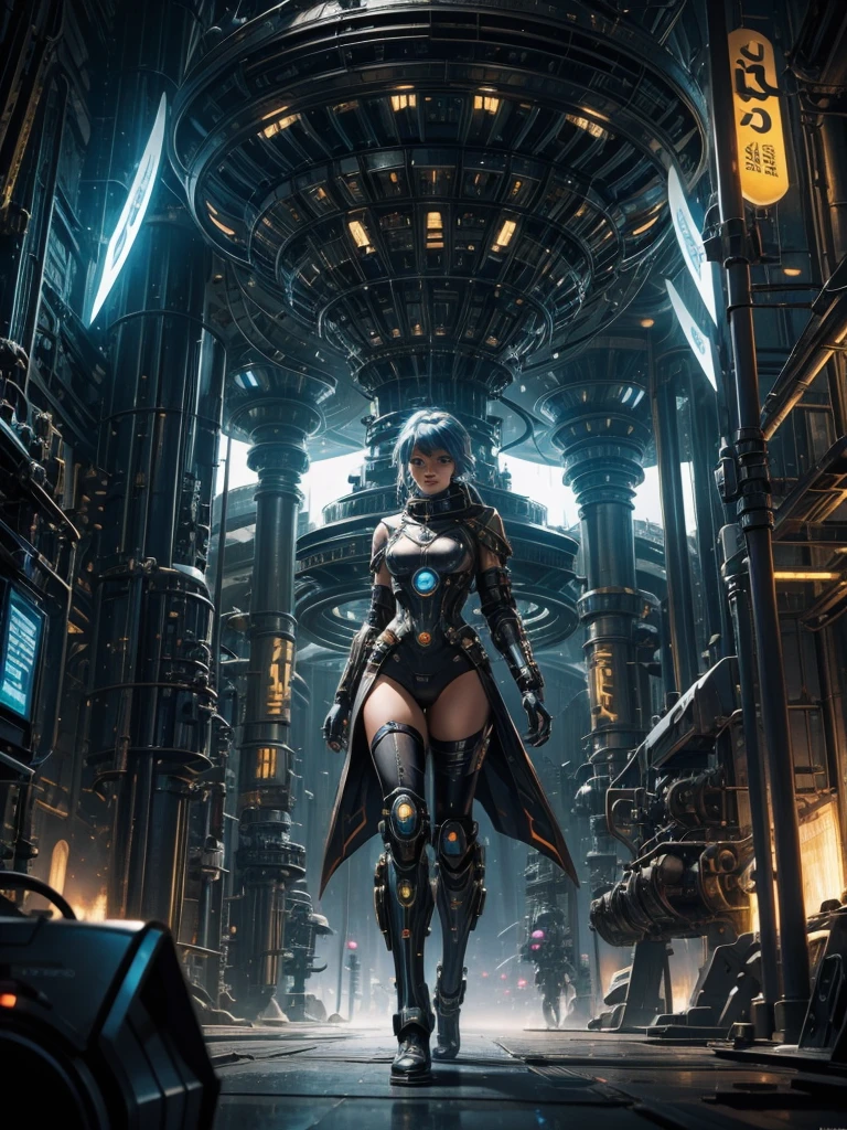 A futuristic steampunk girl on a planetary colony, in the background you can see aliens of various races and a futuristic city with advertising holograms, you can also glimpse some cyborgs