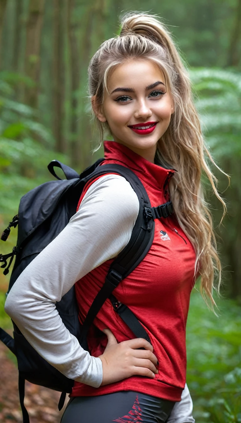 ultrarealistic high quality fullbody photo of a beautiful busty slim european 19-year-old mwoman with cute hyperdetailed shy face and dyed platin blonde long messy ponytail hair and happy face, realistic round hazel eyes, red lips, dark eye makeup with eyeliner, wearing soaking wet outdoor leggins hiking outfit with backpack, hourglass body, outdoor shooting on a lost place with heavy rain