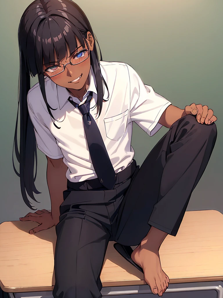 (1 feminine boy solo),(dark skin:1.5),(masterpiece:1.2), highest quality, High resolution, unity 8k wallpaper, (fine and beautiful eyes:1.6), highly detailed face, perfect lighting, Detailed CG, (perfect hands, perfect anatomy),20 years old, (black hair:1.3), detailed eyes, best quality, extremely detailed, very precise detailed, (glasses:1.4), , (straight hair:1.5), (evil smile:1.4) ,long sidelocks, (blush:1.3),(sit on desk:1.3),(Put left knee in front:1.5),(boy's school uniform long pant:1.5),(loosen necktie:1.2),spread legs,bend knee,(open shirt:1.5),(short_sleeves shirt:1.3),(low ponytail),(blunt bangs:1.4)