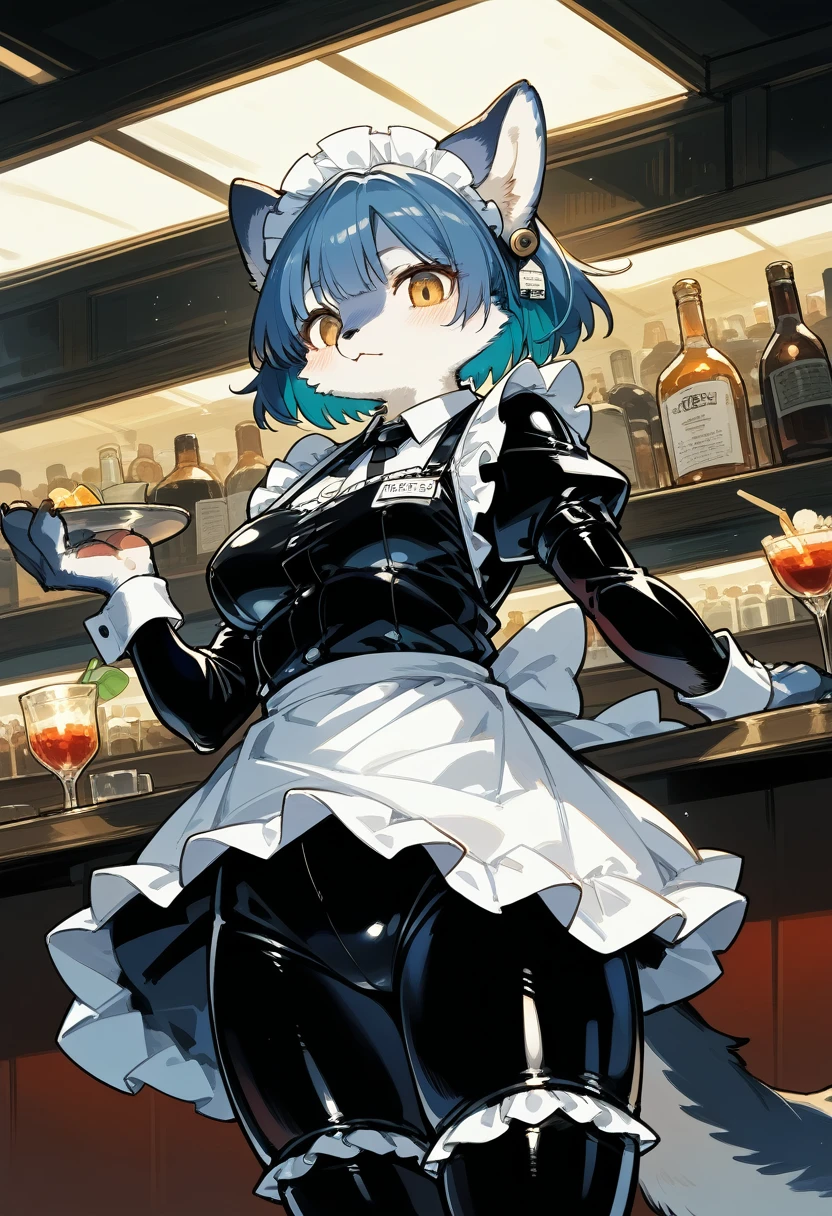 Highest quality, Highest quality, High quality illustrations, masterpiece, Ultra-high resolution, Detailed Background, bartender, bar, Cocktail, Absurd, Perfect Anatomy, Performance, Good lighting, Shadows in the movie(kemono, Furry Personification)Dynamic Angle, Rubber suit, ラbarスーツ, latex, Earrings, Maid clothes