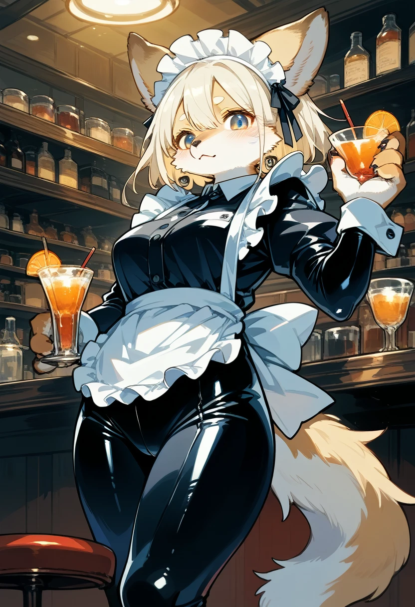 Highest quality, Highest quality, High quality illustrations, masterpiece, Ultra-high resolution, Detailed Background, bartender, bar, Cocktail, Absurd, Perfect Anatomy, Performance, Good lighting, Shadows in the movie(kemono, Furry Personification)Dynamic Angle, Rubber suit, ラbarスーツ, latex, Earrings, Maid clothes