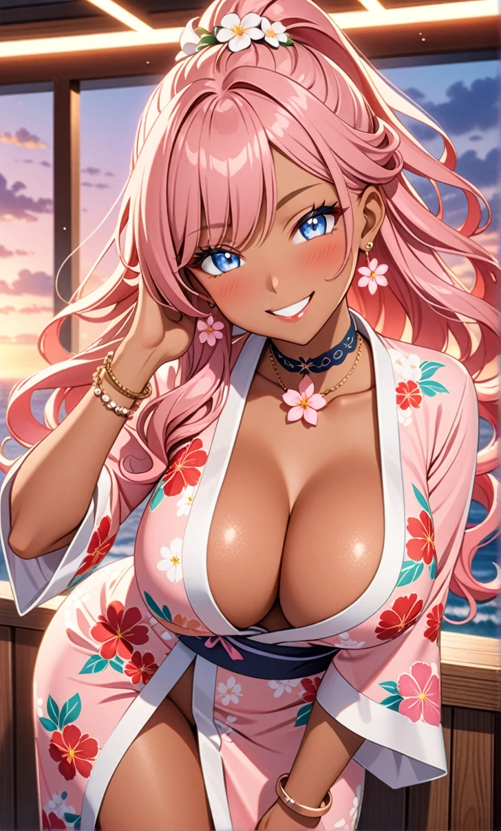 ultra-detailed, ((one girl)), (tanned skin gyaru:1.2), hyper detailed, absurdres, 8K, Beautiful Face, (Laugh shyly), ((teasing smile:1.8)), (tan skin:1.3),((Wink:1.7)), (Laugh with your mouth wide open),((Tilt your head:1.6)), View your viewers, ((Bright red cheeks:1.6)),Glossy Red Lips, ((Big Breasts:1.4)), ((show off breast:1.4)), (erect nipples), night, An observation deck overlooking the sea, (Brighten your face), ((Anime style background)),masterpiece, Highest quality, so beautiful,Latest, Complex details, (Pink long nails), (nail art), (ring),(bracelet), (Floral Choker),AI-generated, Complex,High resolution, Highest quality, super high quality,3D Images、3D Images,One person,Pastel pink long hair,(High Ponytail), (wavy hair:1.3), Pastel anime woman posing for a photo, ((Fine grain、blue eyes、glowing eyes:1.4)), (Squint your eyes:1.1),a hyperRealistic , hyperRealistic , Realistic,Anime woman with long pastel pink hair, Smooth anime CG art, A girl in a gorgeous pastel-colored kimono, ((undressing)), ((Pastel-colored furisode)),(Pink large floral pattern) ,Long flower hair ornament,Floral Earrings,Mature Body, tall,Narrow waist, ((leaning forward:1.3)), (front view),