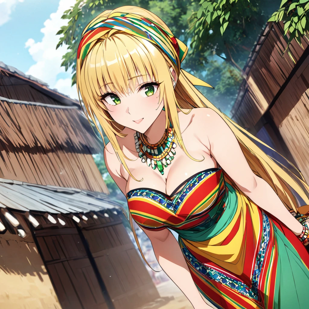 ((Highest quality)), ((masterpiece)), (detailed), (Perfect Face)、A woman is wearing a colorful Ghanaian dress, a colorful headscarf, gorgeous jeweled accessories and an engagement ring in a Ghanaian village in Tiare.、The woman is an elegant Tiare with green eyes and medium-long blonde hair. She is wearing a colorful Ghanaian dress and a colorful headscarf.