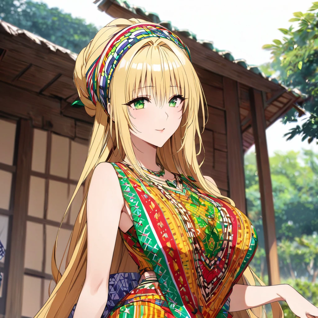 ((Highest quality)), ((masterpiece)), (detailed), (Perfect Face)、A woman is wearing a colorful Ghanaian dress, a colorful headscarf, gorgeous jeweled accessories and an engagement ring in a Ghanaian village in Tiare.、The woman is an elegant Tiare with green eyes and medium-long blonde hair. She is wearing a colorful Ghanaian dress and a colorful headscarf.
