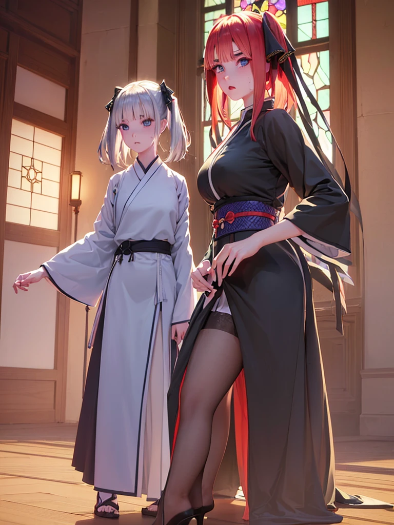 Biologically correct limb count)),(( From head to toe,Full-body photo including face)),4K,((Standing position)),masterpiece,((Focus on the face)),((Symmetrical facial features)),Eyes with detailed description,Beautiful woman,Great style,Beautiful arms,Beautiful feet,Beautiful Hands,(Small Ass,Thin thighs),Facial details,((High heels,Patterned stockings),Realistic photos,blue eyes, hair ornaments, Hair Ribbon,Show your forehead、short hair、Twin tails、Random color see-through kunoichi costume、Lace Outfit、Japanese see-through female samurai costume、See-through female ninja costume,,Open-chested clothing, Collared dress emphasizes cleavage、胸の谷間のSweat is noticeable、Professional lighting light reflection、 looking at viewer, (masterpiece:1.2), Highest quality, High resolution, unity 8k wallpaper, (figure:0.8), (Beautiful fine details:1.6), Highly detailed face, Perfect lighting, Highly detailed CG, (Perfect hands, Perfect Anatomy),heavy rain、heavy rainで全身びしょ濡れ、heavy rainで全身びしょ濡れの服、High heels、 ((Perfect handsの形))、(Perfect foot shape、Embarrassed expression、blush、Gestures to seduce a man、Shining Sweat、Perfect Skin,Sweat is noticeable、太もものSweat is noticeable、 Fair skin,Tight waist, Sweating profusely、Sweaty hair、Sweaty clothes、Sweaty、Visible sweat、rain-wet hair、A vast Western church with stained glass windows、Holding a Japanese sword、Athlete System、cherry blossoms、Blonde、Silver Hair