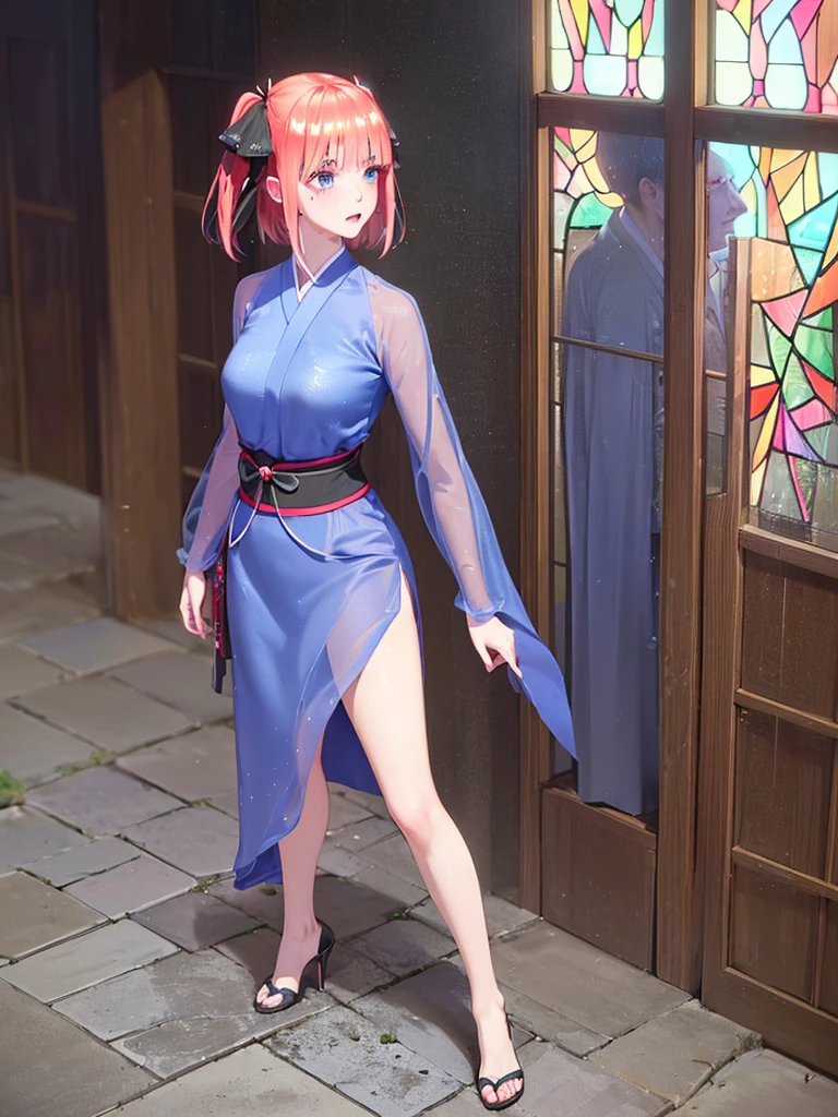 Biologically correct limb count)),(( From head to toe,Full-body photo including face)),4K,((Standing position)),masterpiece,((Focus on the face)),((Symmetrical facial features)),Eyes with detailed description,Beautiful woman,Great style,Beautiful arms,Beautiful feet,Beautiful Hands,(Small Ass,Thin thighs),Facial details,((High heels,Patterned stockings),Realistic photos,blue eyes, hair ornaments, Hair Ribbon,Show your forehead、short hair、Twin tails、Random color see-through kunoichi costume、Lace Outfit、Japanese see-through female samurai costume、See-through female ninja costume,,Open-chested clothing, Collared dress emphasizes cleavage、胸の谷間のSweat is noticeable、Professional lighting light reflection、 looking at viewer, (masterpiece:1.2), Highest quality, High resolution, unity 8k wallpaper, (figure:0.8), (Beautiful fine details:1.6), Highly detailed face, Perfect lighting, Highly detailed CG, (Perfect hands, Perfect Anatomy),heavy rain、heavy rainで全身びしょ濡れ、heavy rainで全身びしょ濡れの服、High heels、 ((Perfect handsの形))、(Perfect foot shape、Embarrassed expression、blush、Gestures to seduce a man、Shining Sweat、Perfect Skin,Sweat is noticeable、太もものSweat is noticeable、 Fair skin,Tight waist, Sweating profusely、Sweaty hair、Sweaty clothes、Sweaty、Visible sweat、rain-wet hair、A vast Western church with stained glass windows、Holding a Japanese sword、Athlete System、cherry blossoms、Blonde、Silver Hair