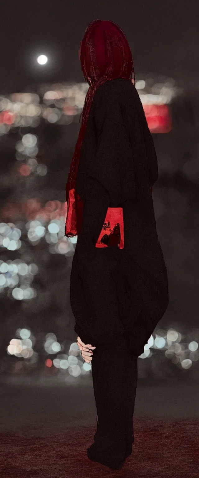 cool, standing, red and black clothes, looking at viewer, outdoors, night