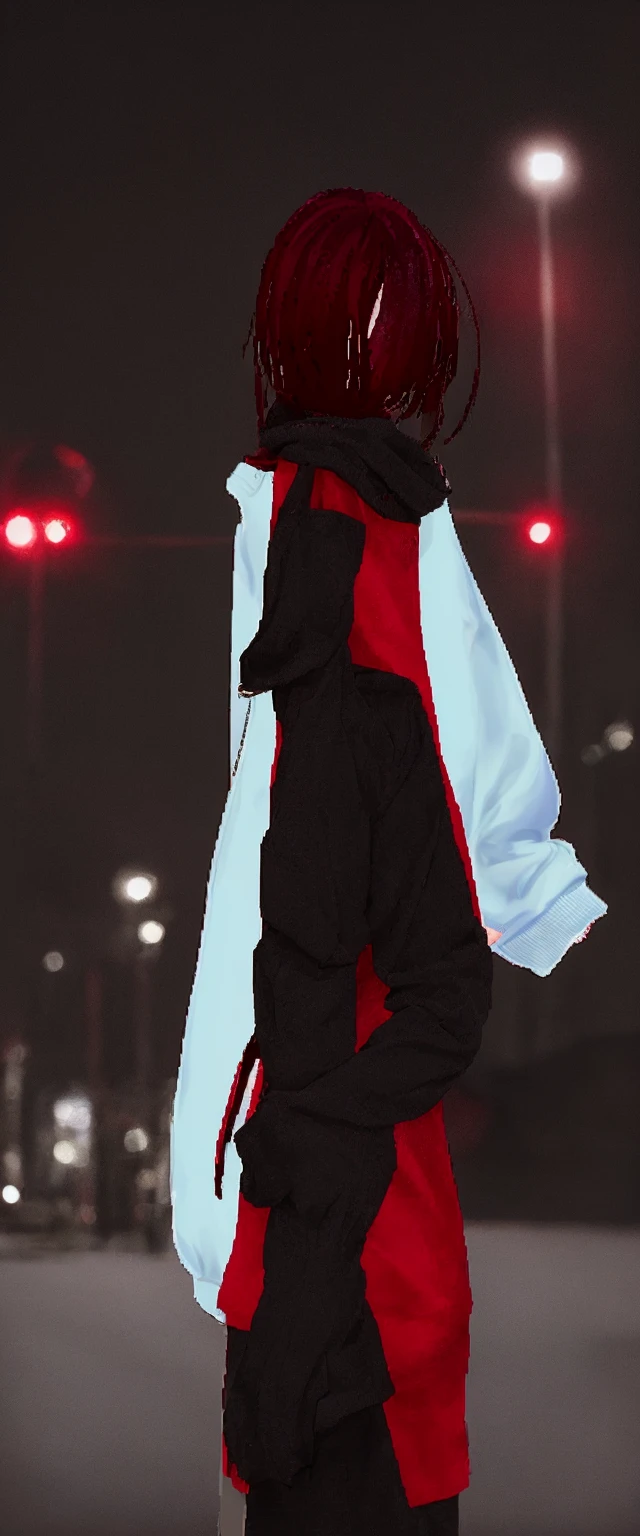 cool, standing, red and black clothes, looking at viewer, outdoors, night