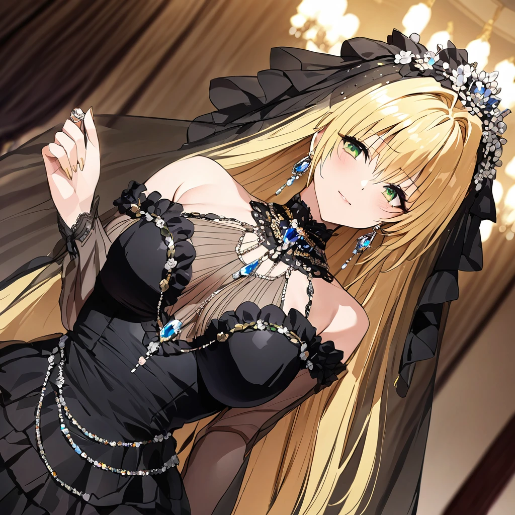((Highest quality)), ((masterpiece)), (detailed), (Perfect Face)、The woman is Tiare, has green eyes, medium-long blonde hair, and is wearing an engagement ring.、The woman is wearing a gorgeous and glittering Gothic Victorian dress, a gorgeous see-through cape and a sequin veil, a gorgeous jeweled head dress chain, gorgeous jeweled earrings, and other gorgeous and glittering accessories, and is in a luxurious room with a dignified, bearded, elderly man.、The man is a dignified, bearded old man, very wealthy and wearing an engagement ring.