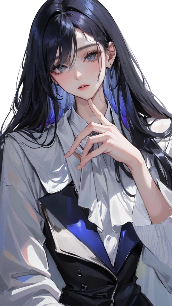 (Top resolution、Distinct_image)top-quality、femele、​masterpiece、highly detailed、Semi-realistic、grey eyes、18year old、young、Exquisite facial features、Facial features、unique hairstyle, variations, potrait, white background,   dark blue hair , long straight hairstyles, wear black suits, Mafia , dark blue hair