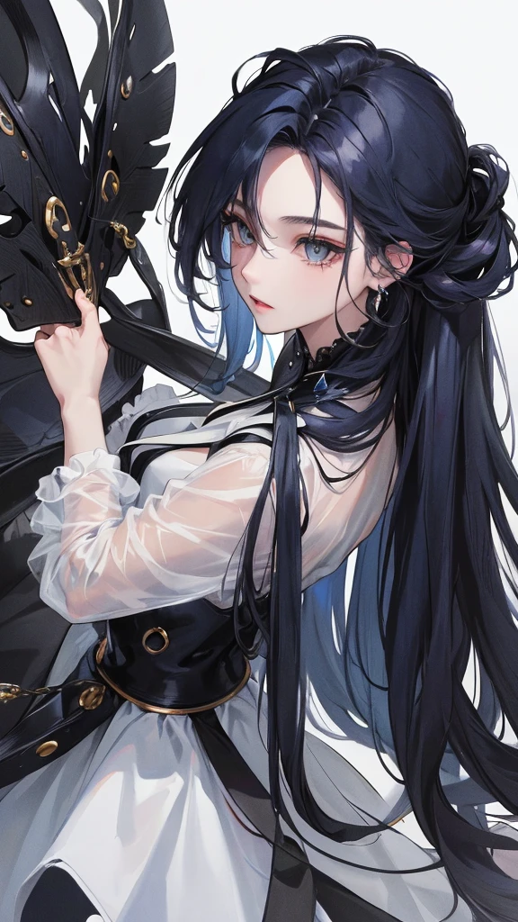 (Top resolution、Distinct_image)top-quality、femele、​masterpiece、highly detailed、Semi-realistic、grey eyes、18year old、young、Exquisite facial features、Facial features、unique hairstyle, variations, potrait, white background,   dark blue hair , long straight hairstyles, wear black suits, Mafia , dark blue hair