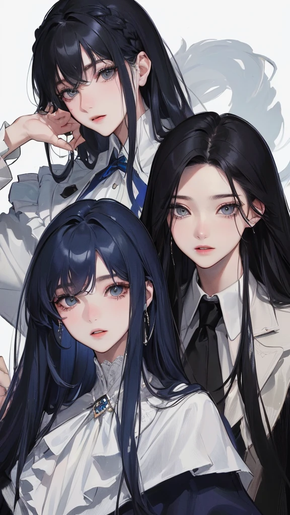 (Top resolution、Distinct_image)top-quality、femele、masterpiece、highly detailed、Semi-realistic、grey eyes、18year old、young、Exquisite facial features、Facial features、unique hairstyle, variations, potrait, white background, dark blue hair , long straight hairstyles, wear black suits, Mafia , dark blue hair