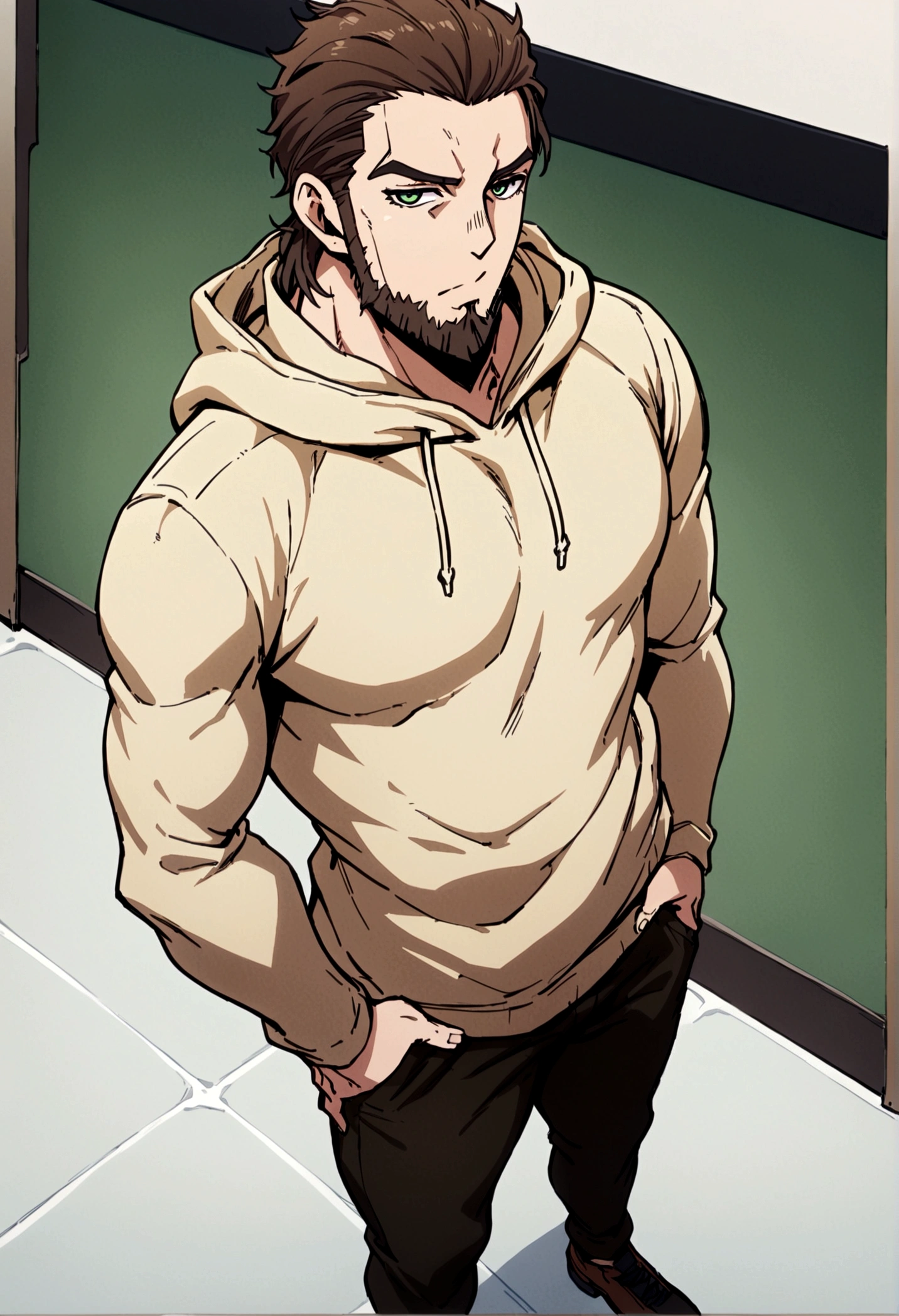 fullbody,masterpiece,standing,light brown hoodie,dark brown short hair,green eyes,(bangs),adult,1boy,solo,light stuble,(beard),slim,