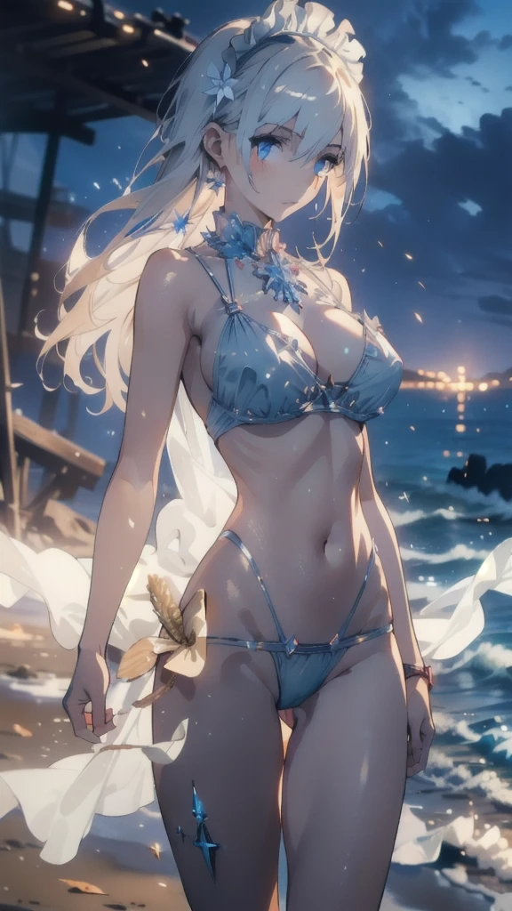 ((masterpiece, best quality)), Epic battlefield atmosphere，Delicate face，Maid，Wheat skin，seaside，Beach，whole body，Standing picture，glowing eyes，Large Breasts，Perfect body proportions，Pure white background，firefly，Transparent sex bikini