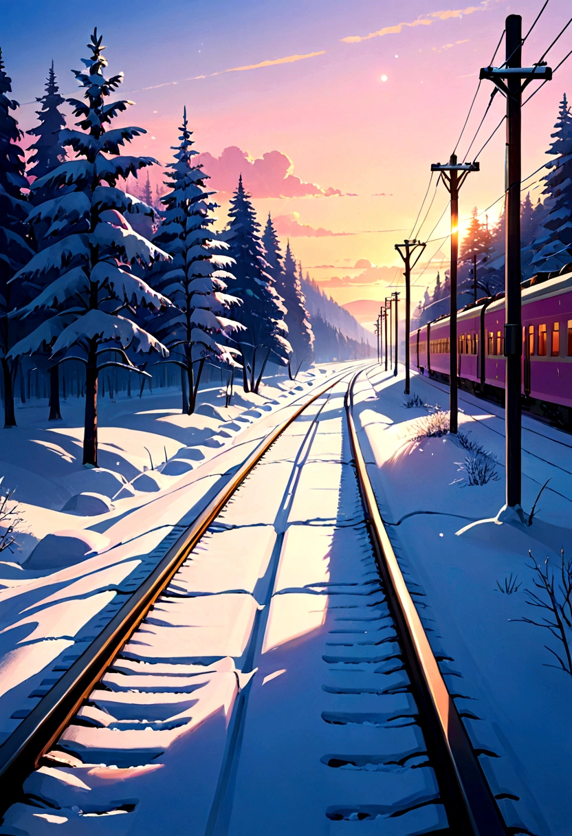 Create an illustration similar to the attached image, capturing a serene train track scene at sunset. The sky is painted with hues of deep blue and pink as the sun sets on the horizon, casting a warm glow over the landscape. Stars begin to twinkle in the sky, and a few clouds are tinged with the fading sunlight. The train tracks stretch into the distance, flanked by utility poles and wires. Snow-covered trees line the sides of the tracks, and the overall atmosphere is calm and peaceful, with the light from the setting sun reflecting off the tracks and nearby objects.