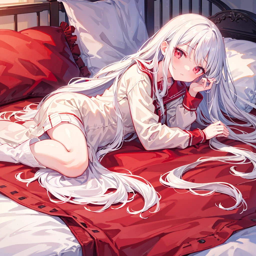 best quality,Practical:1.37),A girl lying on the bed,[Messy long hair],[White hair],[Red Eyes],[Wet clothes]