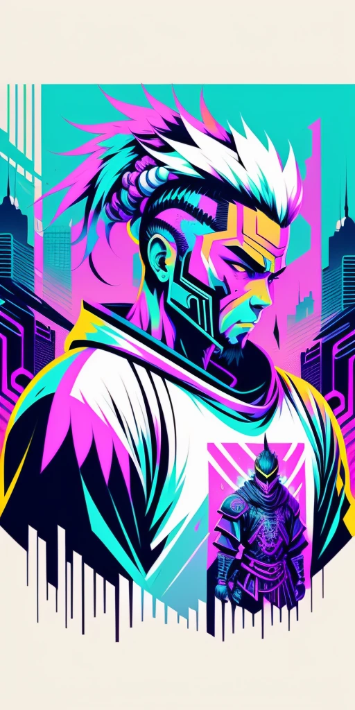 Ready to print t shirt art vector colorful graffiti illustration of a futuristic cyberpunk Samurai, futuristic cyberpunk city background, realistic image style, image on white background, centred