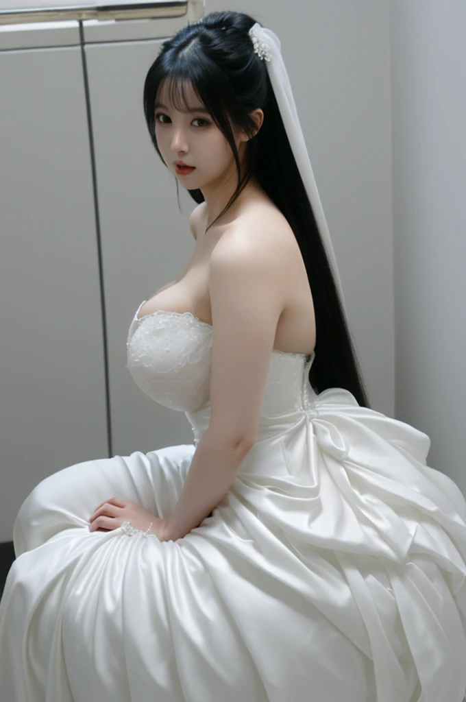 bride、In a wedding dress、Are fat、Big Breasts、Big Ass、Super long straight black hair、Sit on the toilet