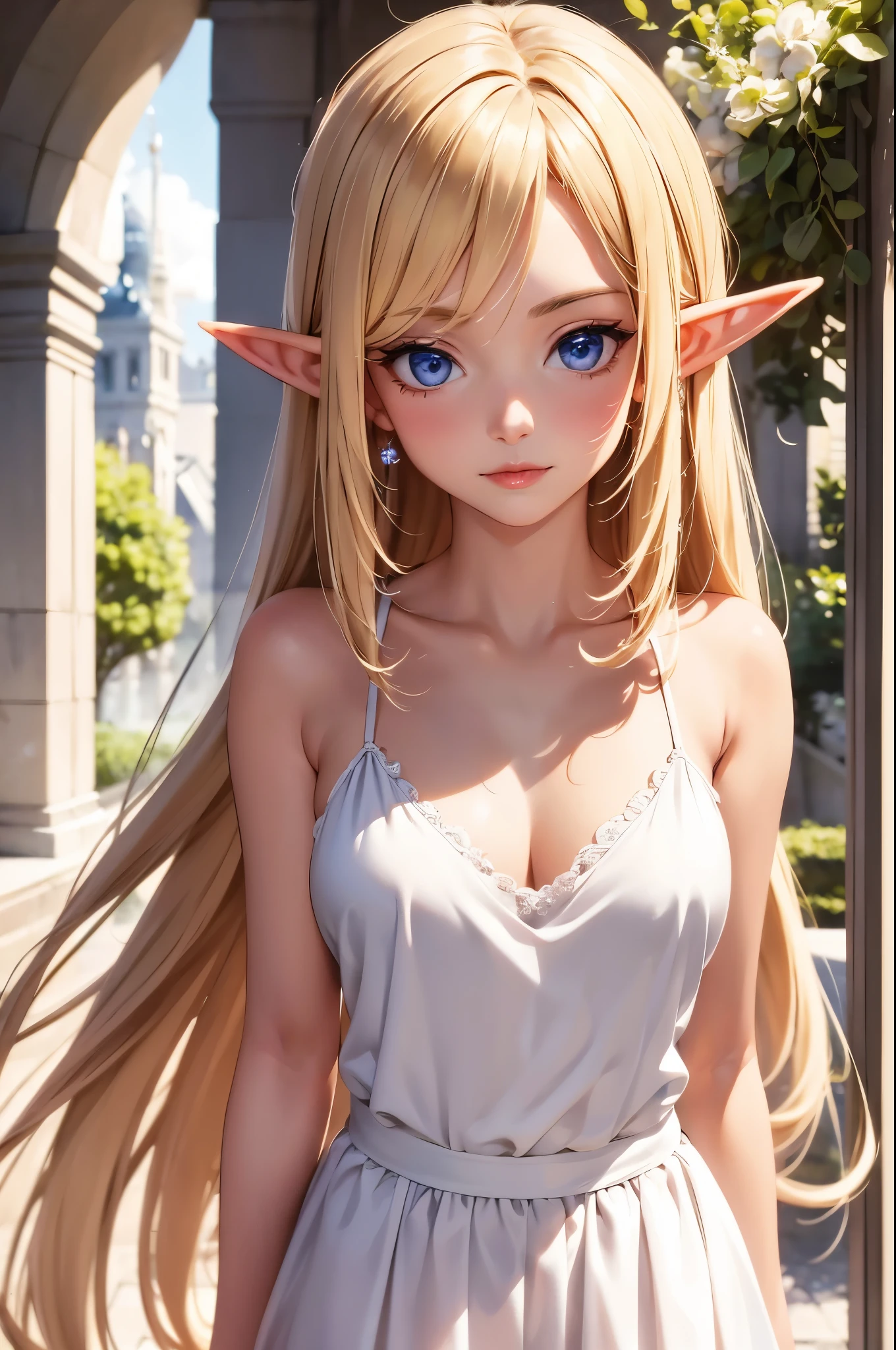 1 lady, Beautiful elf, blonde Long straight hair, long pointy ears, sexy body, super beautiful face, detailed face, delicate eyes, detailed pupil, beautiful and delicate lips, white camisole long skirt, Simple and stylish, crystal earrings, hand drawn animation, high detailed, outdoor, blush, shy, heart, in love, symmetrical clothes, best quality, masterpiece, retina