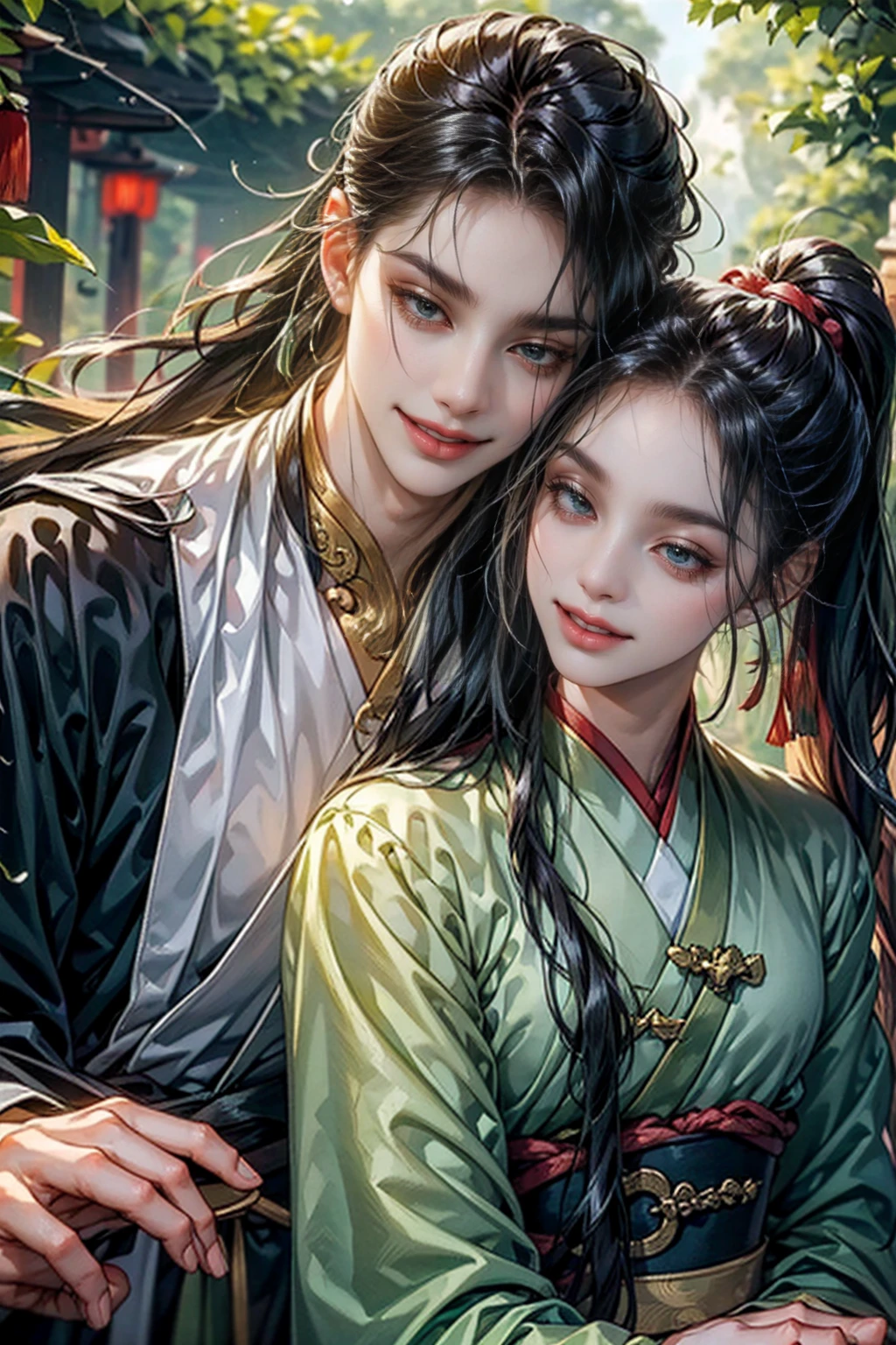 xianxia, (((best quality))),masterpiece,ultra high resolution,extraordinarily beautiful youth, a bright, villains smile,All green clothing,((boy 24 year old, green hanfu,green clothing, Chinese shirt style)) ,boy character ,((Thick black long hair)),beautiful face,detailed interior, detailed boy,((man)),(in bamboo forest), house China style, pure white lotus,beautiful and cute boy ,black eyes,((solo man)),(he has a Big eyes, charming lips, slim nose and small face),(boy slim figures ),ponytail and 冠, Hiogi fan,Japanese fan ,very long hair, thick hair, black hair ,eyes detailed,pony tails,boy,man