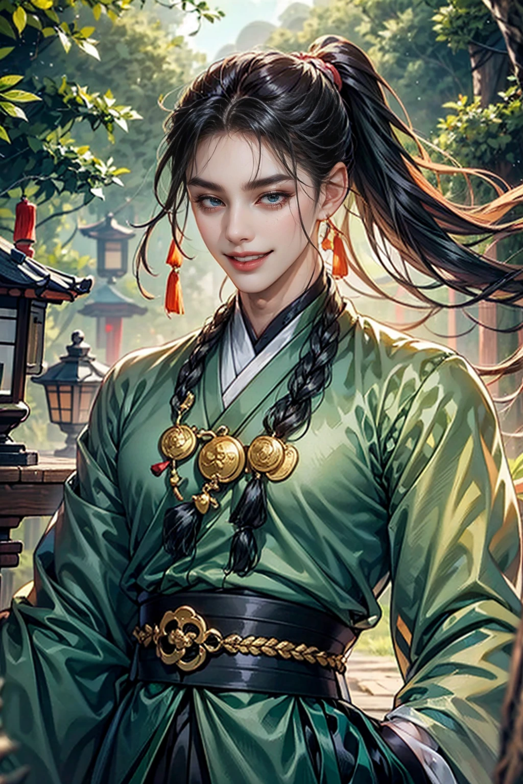 xianxia, (((best quality))),masterpiece,ultra high resolution,extraordinarily beautiful youth, a bright, villains smile,All green clothing,((boy 24 year old, green hanfu,green clothing, Chinese shirt style)) ,boy character ,((Thick black long hair)),beautiful face,detailed interior, detailed boy,((man)),(in bamboo forest), house China style, pure white lotus,beautiful and cute boy ,black eyes,((solo man)),(he has a Big eyes, charming lips, slim nose and small face),(boy slim figures ),ponytail and 冠, Hiogi fan,Japanese fan ,very long hair, thick hair, black hair ,eyes detailed,pony tails,boy,man