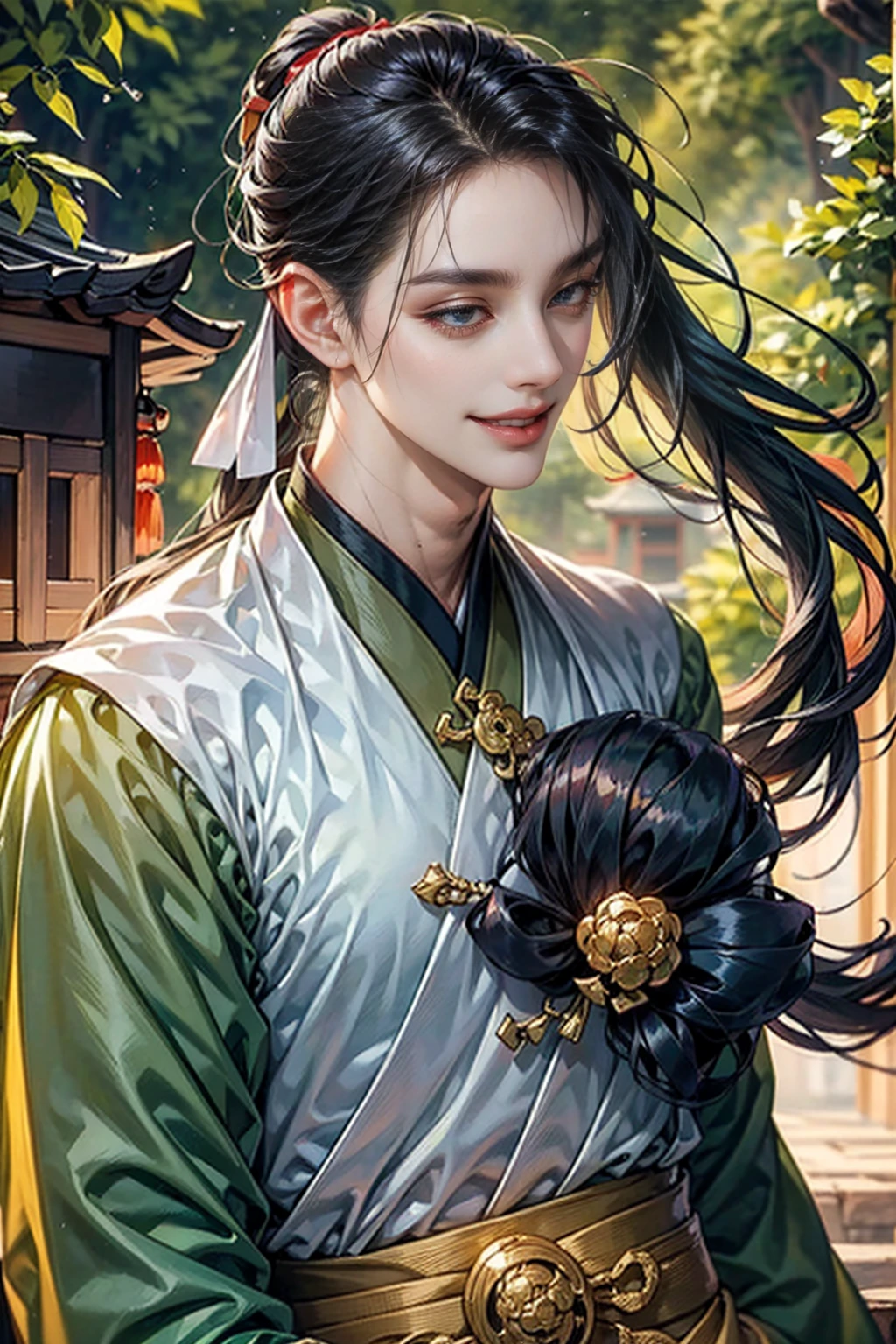 xianxia, (((best quality))),masterpiece,ultra high resolution,extraordinarily beautiful youth, a bright, villains smile,All green clothing,((boy 24 year old, green hanfu,green clothing, Chinese shirt style)) ,boy character ,((Thick black long hair)),beautiful face,detailed interior, detailed boy,((man)),(in bamboo forest), house China style, pure white lotus,beautiful and cute boy ,black eyes,((solo man)),(he has a Big eyes, charming lips, slim nose and small face),(boy slim figures ),ponytail and 冠, Hiogi fan,Japanese fan ,very long hair, thick hair, black hair ,eyes detailed,pony tails,boy,man