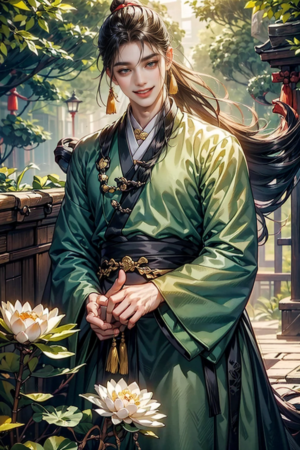 xianxia, (((best quality))),masterpiece,ultra high resolution,extraordinarily beautiful youth, a bright, villains smile,All green clothing,((boy 24 year old, green hanfu,green clothing, Chinese shirt style)) ,boy character ,((Thick black long hair)),beautiful face,detailed interior, detailed boy,((man)),(in bamboo forest), house China style, pure white lotus,beautiful and cute boy ,black eyes,((solo man)),(he has a Big eyes, charming lips, slim nose and small face),(boy slim figures ),ponytail and 冠, Hiogi fan,Japanese fan ,very long hair, thick hair, black hair ,eyes detailed,pony tails,boy,man