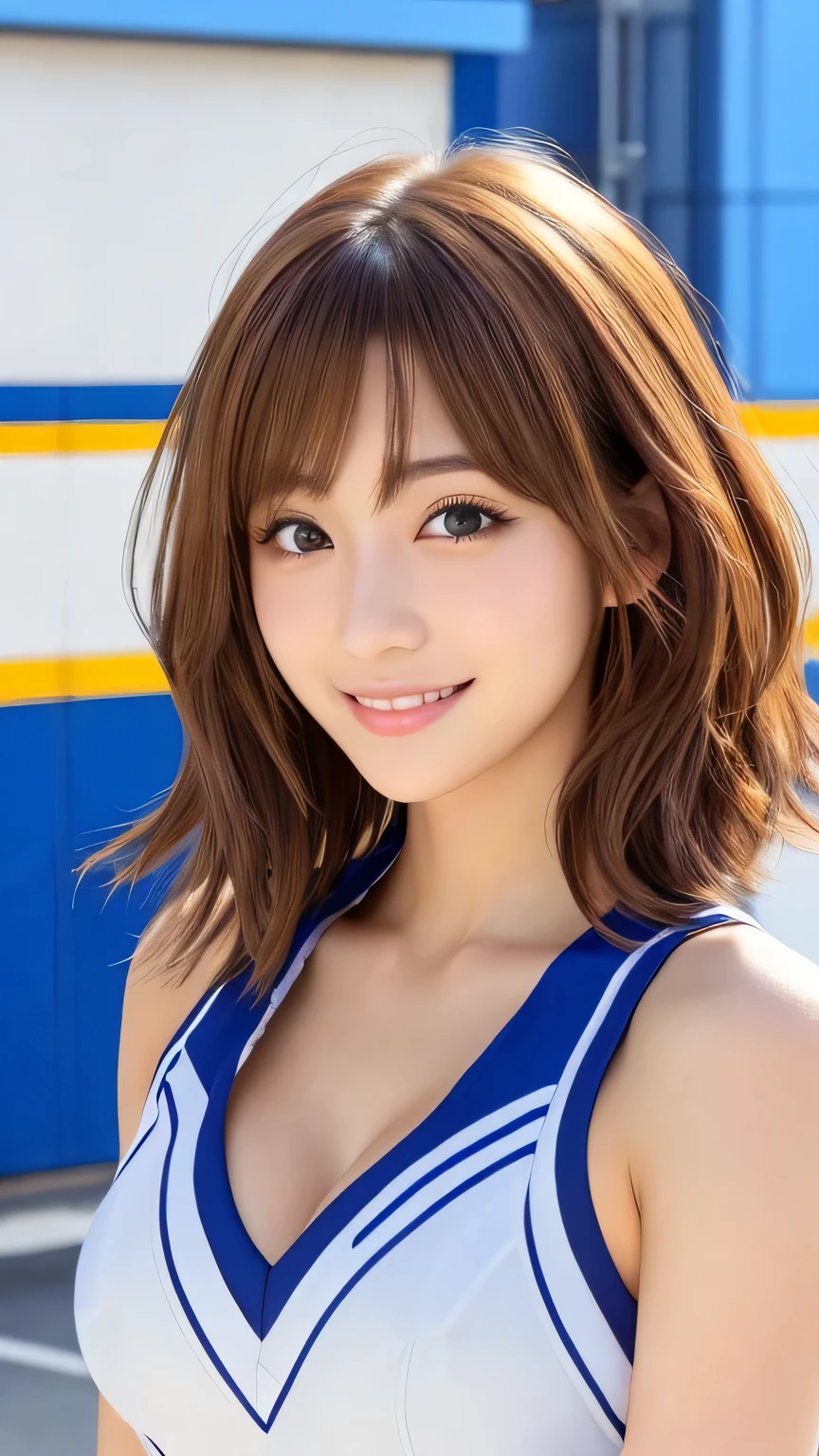 Realistic、Masseter region、Highest quality、High resolution、RAW Photos、Realistic、Bright lighting、Face Light、Smooth Professional Lighting、Japanese women、Beautiful woman、Modeled、gravure、sexy、so beautiful、Realisticで美しい肌、Beautiful and exquisite、Detailed face、slim、Large Breasts、Cleavage、short hair、Brunette colored hair、Brown eyes、Looking into the camera、Cheerleader、Cheerleader、Cheerleader、smile