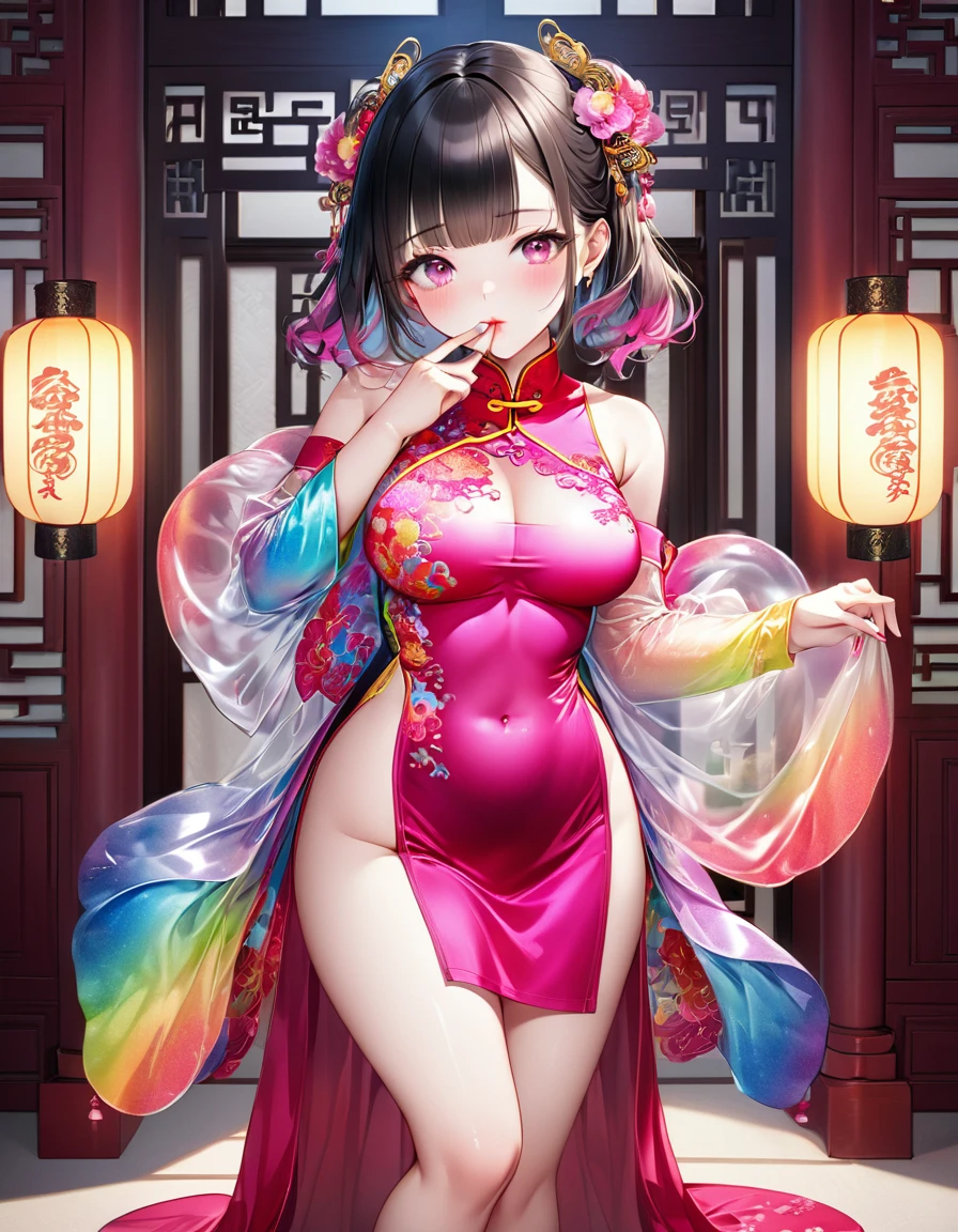 Young beautiful woman,(Highest quality,Extremely detailed depiction,Incredibly absurd high resolution,Anatomically accurate depiction,Two lovely hands, Five perfect fingers,Curvy Legs),(Glowing Skin,Shiny skin,Oilskin),(((A woman wearing a rainbow-colored cheongsam with gradient sleeves,Intricate and gorgeous embroidery,Shiny satin fabric,black tights,accessories,See-through))),eyelash,eye shadow,(Glowing pink eyes,There is cleavage in the chest,A seductive smile,Large Breasts,Glossy Lips,Shadowed face),whole body,Light blush,background:Chinese-style mansion,(From above:1.1)