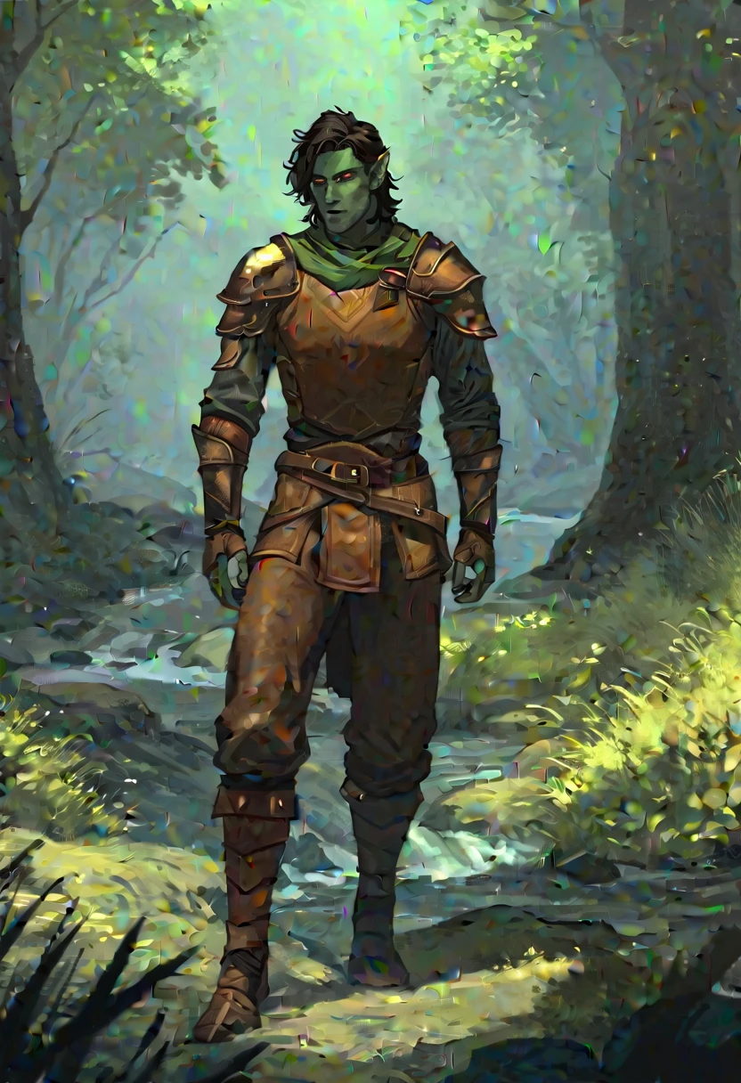 male rogue from the Elder Scrolls series, trunk, 1920x1080, short dark hair, golden eye, Light green skin, brown leather armor, without shoulder pad, Dynamic shading, extremely detaild, light and dark colors , full body image, near river in a forest,