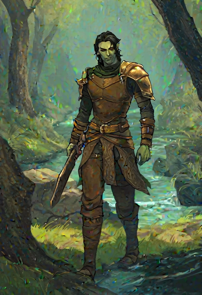 male rogue from the Elder Scrolls series, trunk, 1920x1080, short dark hair, golden eye, Light green skin, brown leather armor, without shoulder pad, Dynamic shading, extremely detaild, light and dark colors , full body image, near river in a forest,