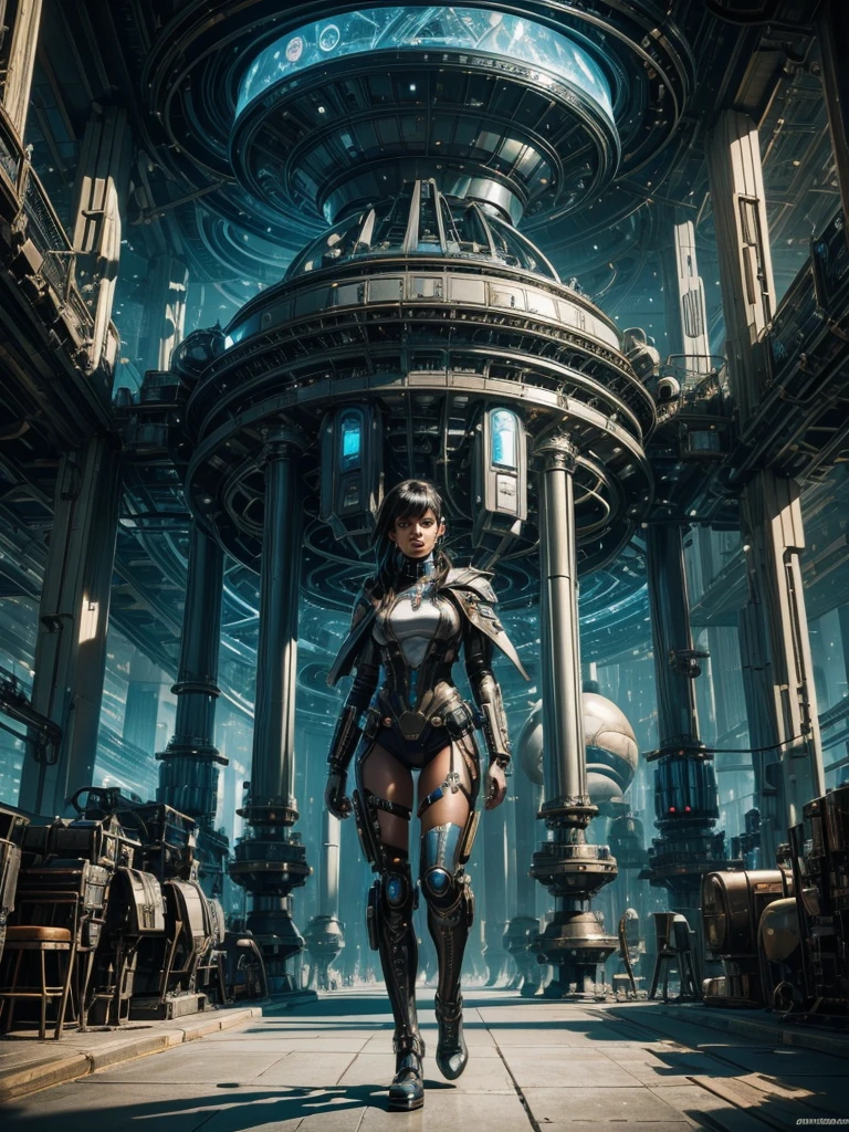A futuristic steampunk near the obcietive girl on a planetary colony, in the background you can see aliens of various races and a futuristic city with advertising holograms, you can also glimpse some cyborgs