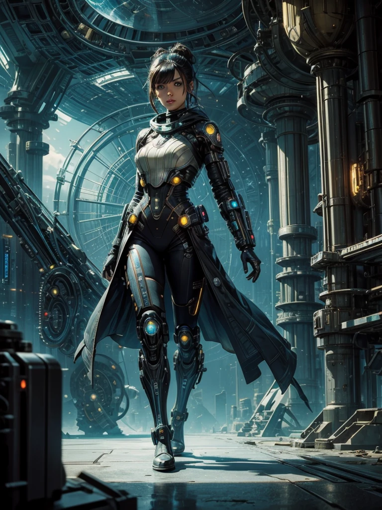 A futuristic steampunk near the obcietive girl on a planetary colony, in the background you can see aliens of various races and a futuristic city with advertising holograms, you can also glimpse some cyborgs