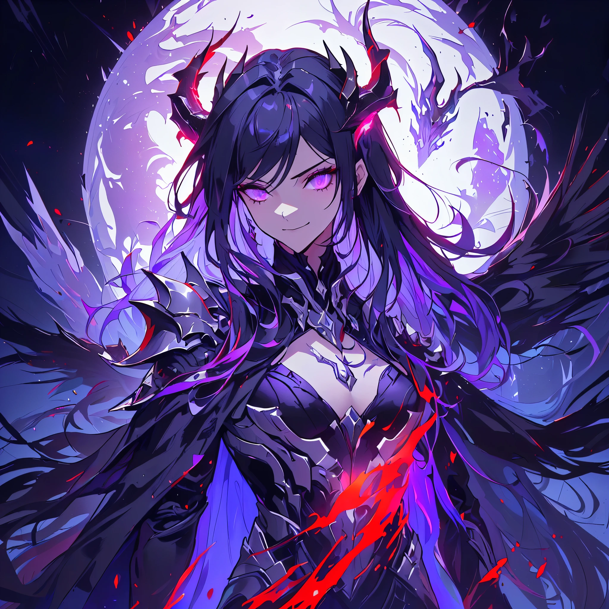 anime character with a purple and black wings and a purple and black dragon, purple ancient antler deity, warframe hound, fit girl demon with white horns, demon soul concept art, detailed warframe, lolth, female djinn demon hybrid, warframe infested art, nightmare render, warframe hound art, king of time reaper, illithid, (human, 1girl, solo, upper body shot, side shot, from the side:1.33), dynamic pose, expressive, (arrogance:1.5), snarl, (multi colour hair, black hair, red hair:1.12), head tilt, grin, crazy eyes, (covered chest, fully armored, flat chest, evil:1.2), long hair, torn cape, (black ice, floating hair, gloom:1.44)