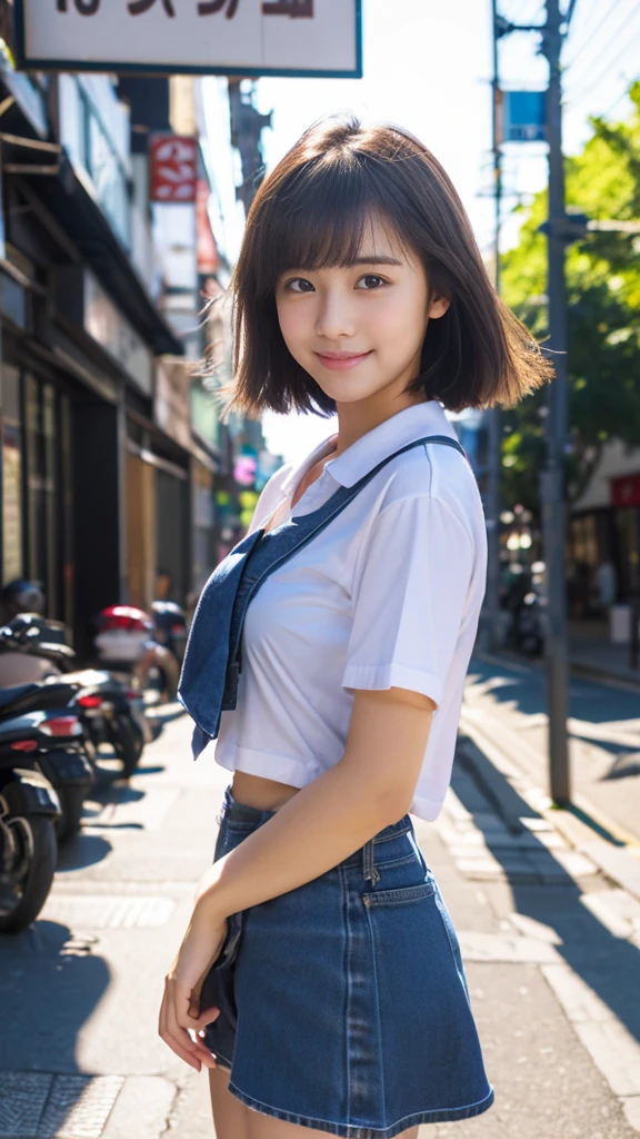 ultra best quality、masterpiece、超hight resolution、depth of fields、(Photorealsitic:1.4)、(awardwinning photo、incredible masterpiece:1.3) 、Raw photography、the golden ratio、the Extremely Detailed CG Unity 8K Wallpapers、Detailed and complex、Original、hight resolution、Raw foto、(perfect body type)、Detailed and complex、Digital SLR、softlighting、(background person blur:1.1)、SIGMA 85 mm F/1.4、50mm Lenac lighting、nffsw、hyper realstic、Color Grade、dynamicposes、Portrait Break、 solo、short-hair:1.4、girl with、Super beauty、(Full body like:1.2)、japanese bodybian、solo)、thighs gap、A smile:1.4、University、cute little high school girl、short-cut、Detailed Realistic、Skin Texture、(realistic human skin texture)、Front view View viewer、natural soft light、Daytime、in a street、deep-shadows、cute little、21 years old BREAK、 a street、The state of the store、akihabara、Shinjuku、with no people、(akihabara:1.2)